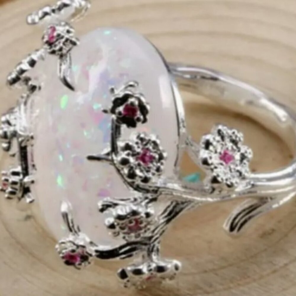 Maximalist Egg-Shaped Opal Ring Silver-Plated Vintage Style Charm size 9